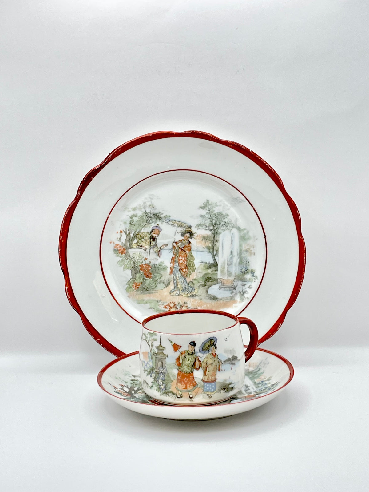 Antique Early Soviet Dulevo Chinoiserie Tea Set Trio, 1920s TD Hallmark Porcelain