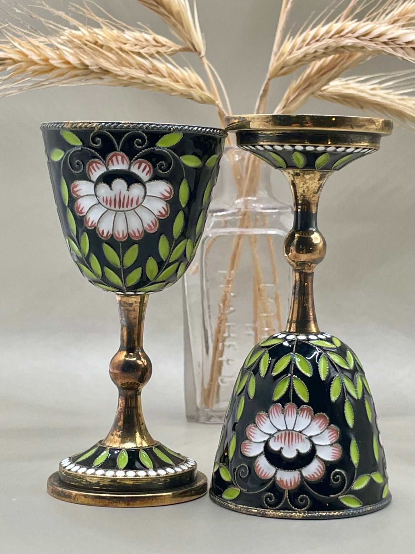 Pair of amazing USSR-era gilded silver cloissone cups