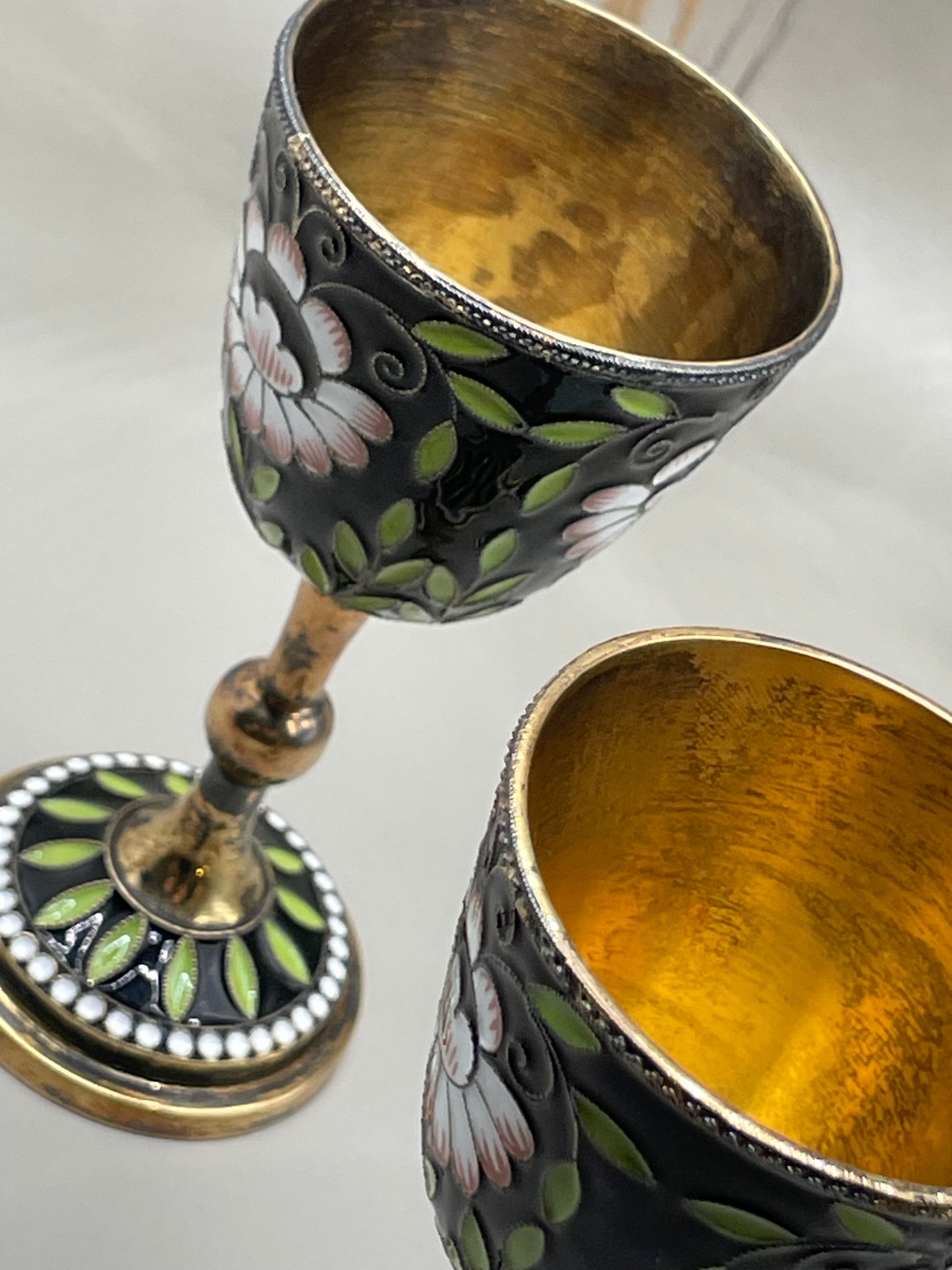 Pair of amazing USSR-era gilded silver cloissone cups