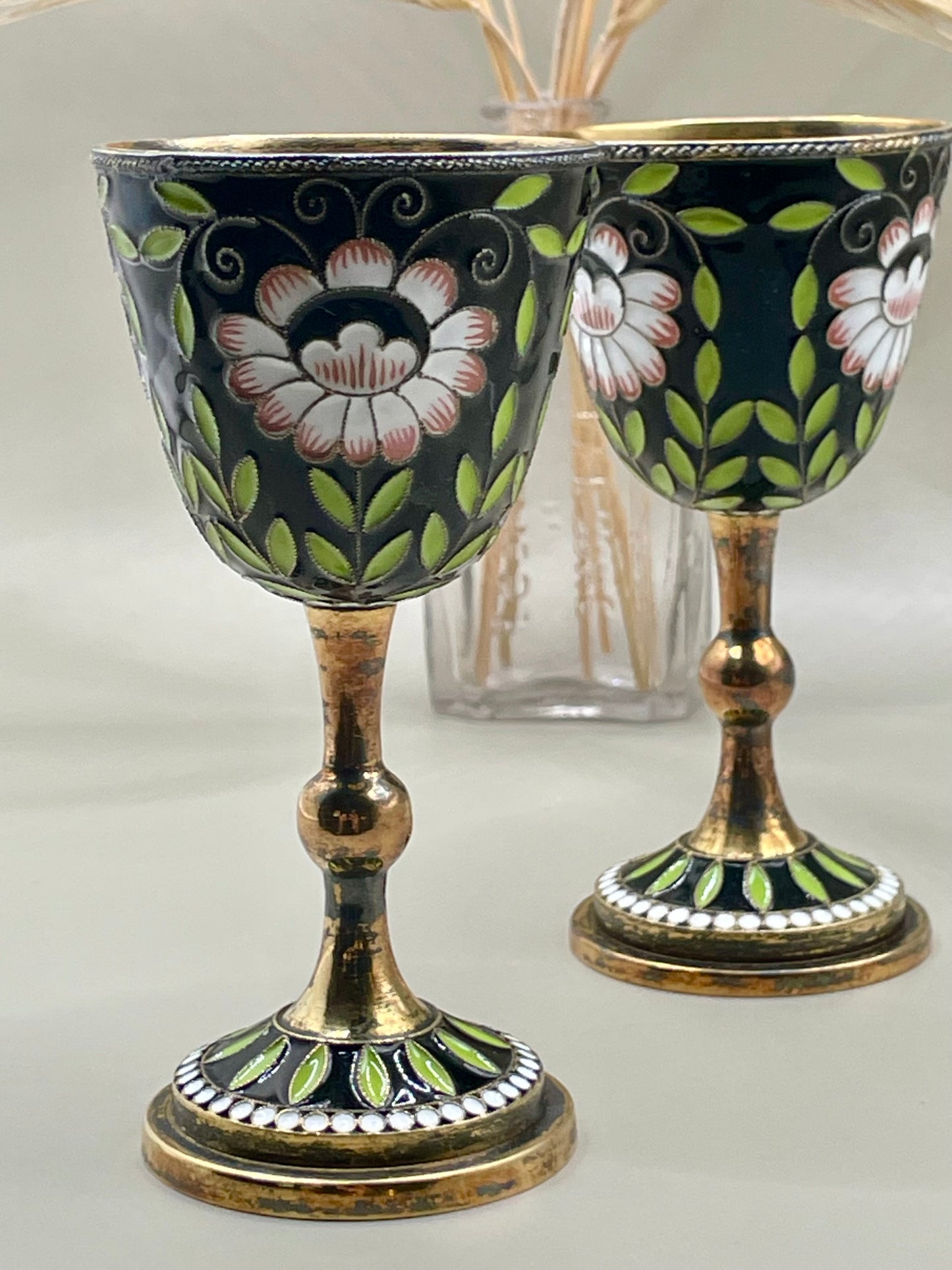 Pair of amazing USSR-era gilded silver cloissone cups