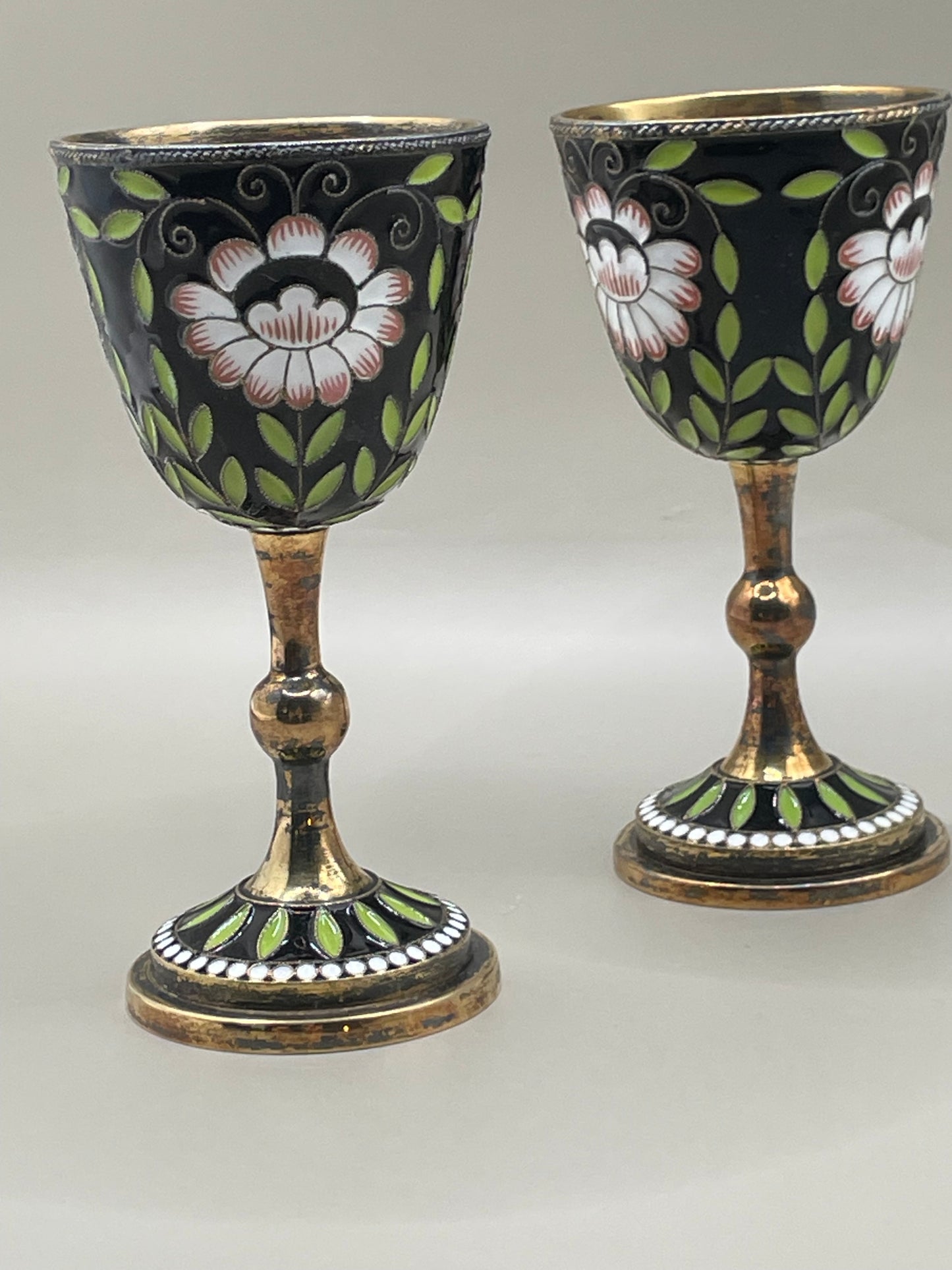 Pair of amazing USSR-era gilded silver cloissone cups