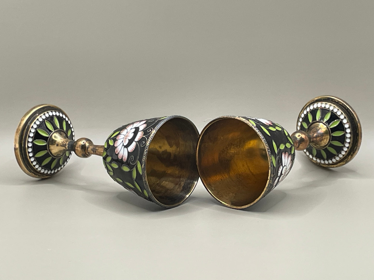 Pair of amazing USSR-era gilded silver cloissone cups