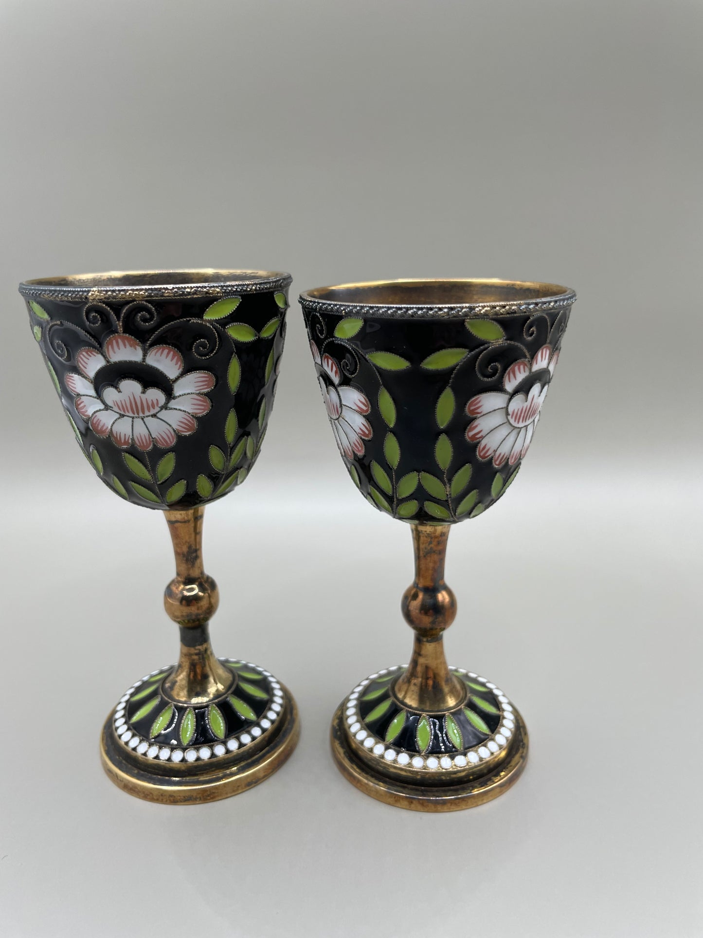Pair of amazing USSR-era gilded silver cloissone cups
