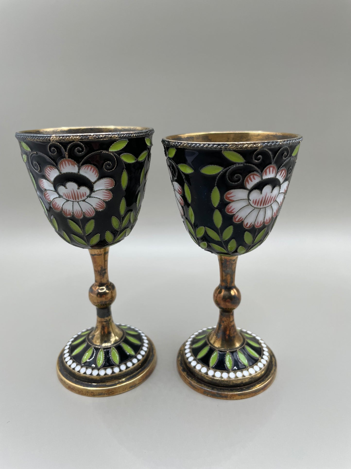 Pair of amazing USSR-era gilded silver cloissone cups