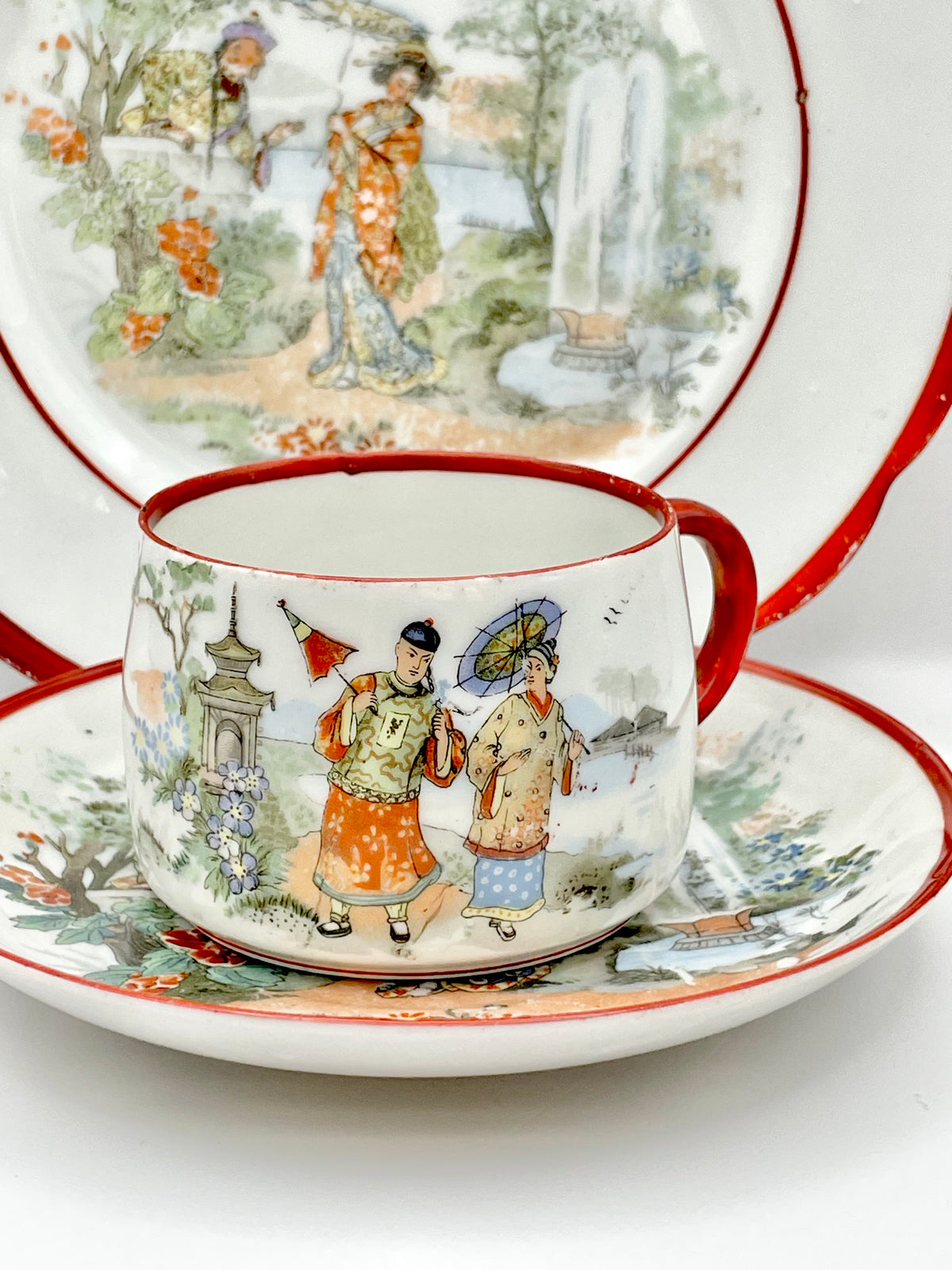 Antique Early Soviet Dulevo Chinoiserie Tea Set Trio, 1920s TD Hallmark Porcelain