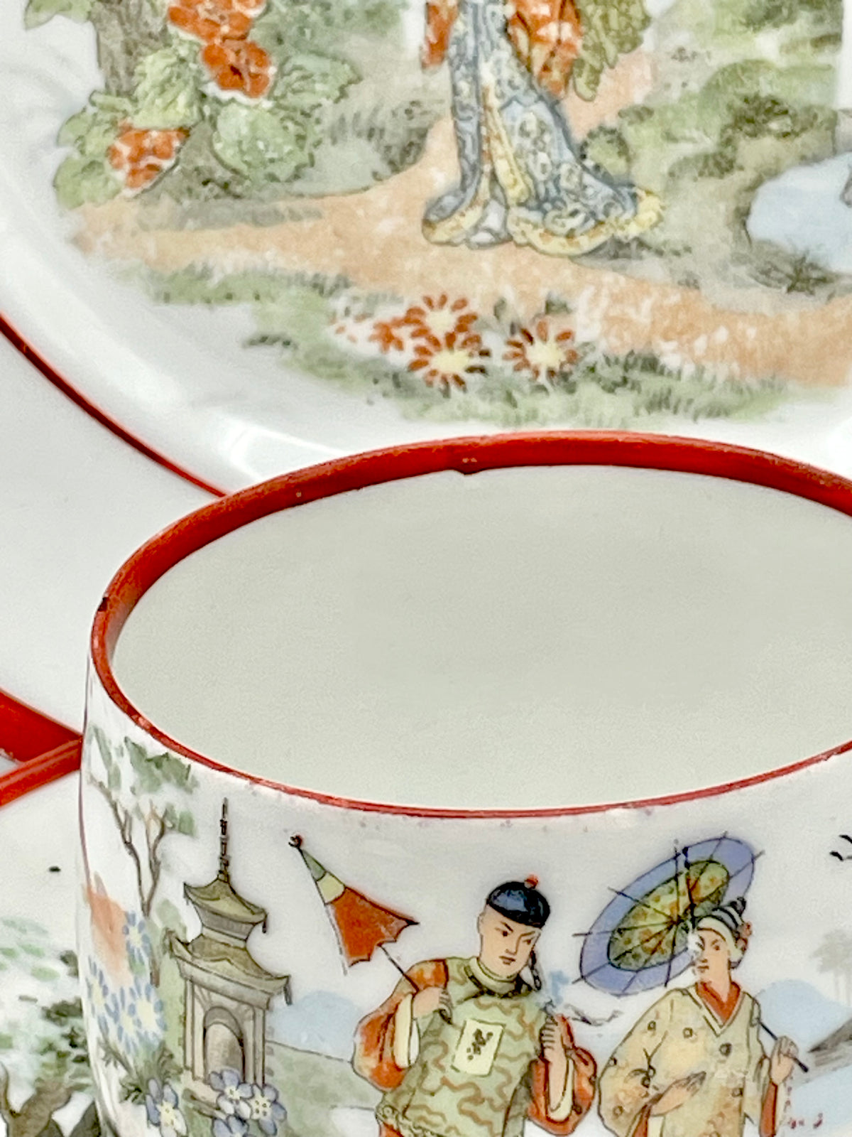 Antique Early Soviet Dulevo Chinoiserie Tea Set Trio, 1920s TD Hallmark Porcelain