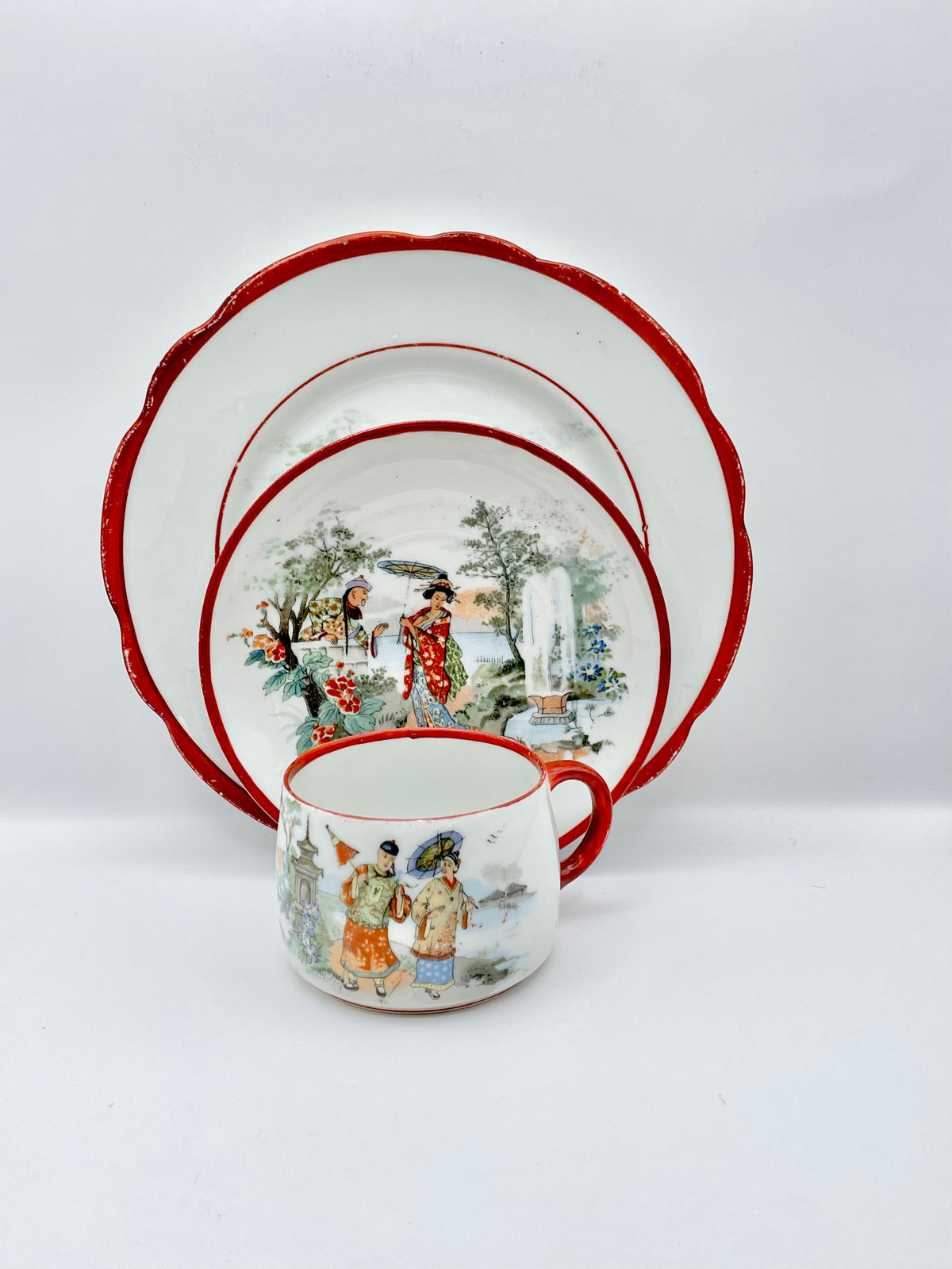 Antique Early Soviet Dulevo Chinoiserie Tea Set Trio, 1920s TD Hallmark Porcelain