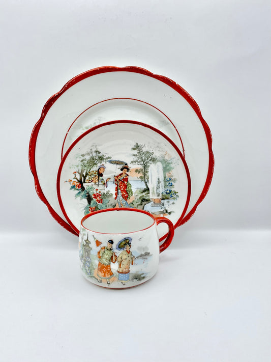 Antique Early Soviet Dulevo Chinoiserie Tea Set Trio, 1920s TD Hallmark Porcelain