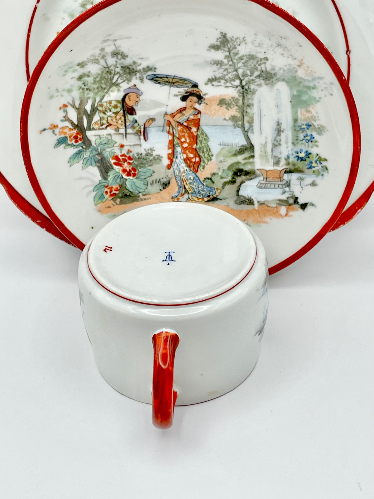 Antique Early Soviet Dulevo Chinoiserie Tea Set Trio, 1920s TD Hallmark Porcelain