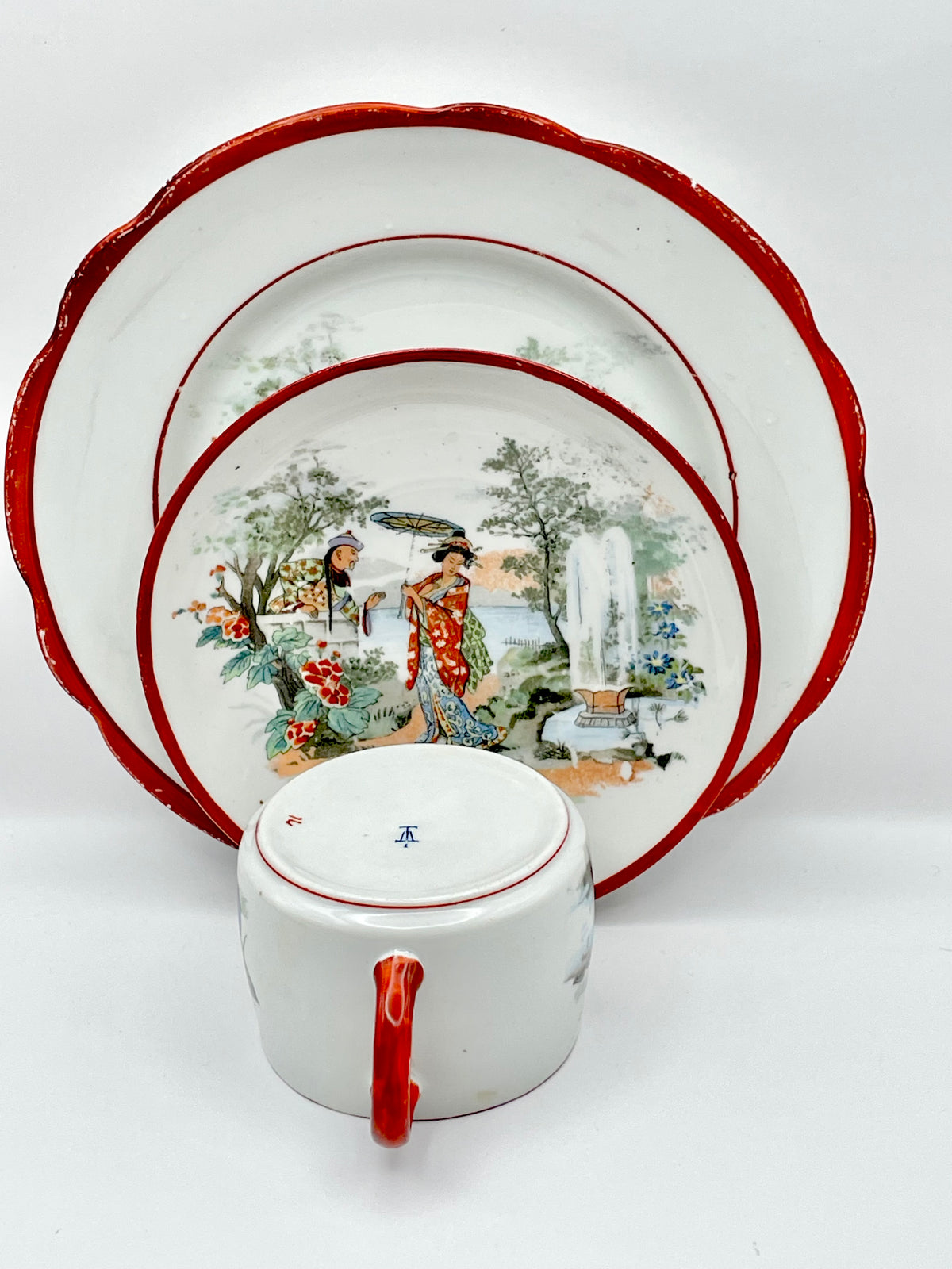 Antique Early Soviet Dulevo Chinoiserie Tea Set Trio, 1920s TD Hallmark Porcelain