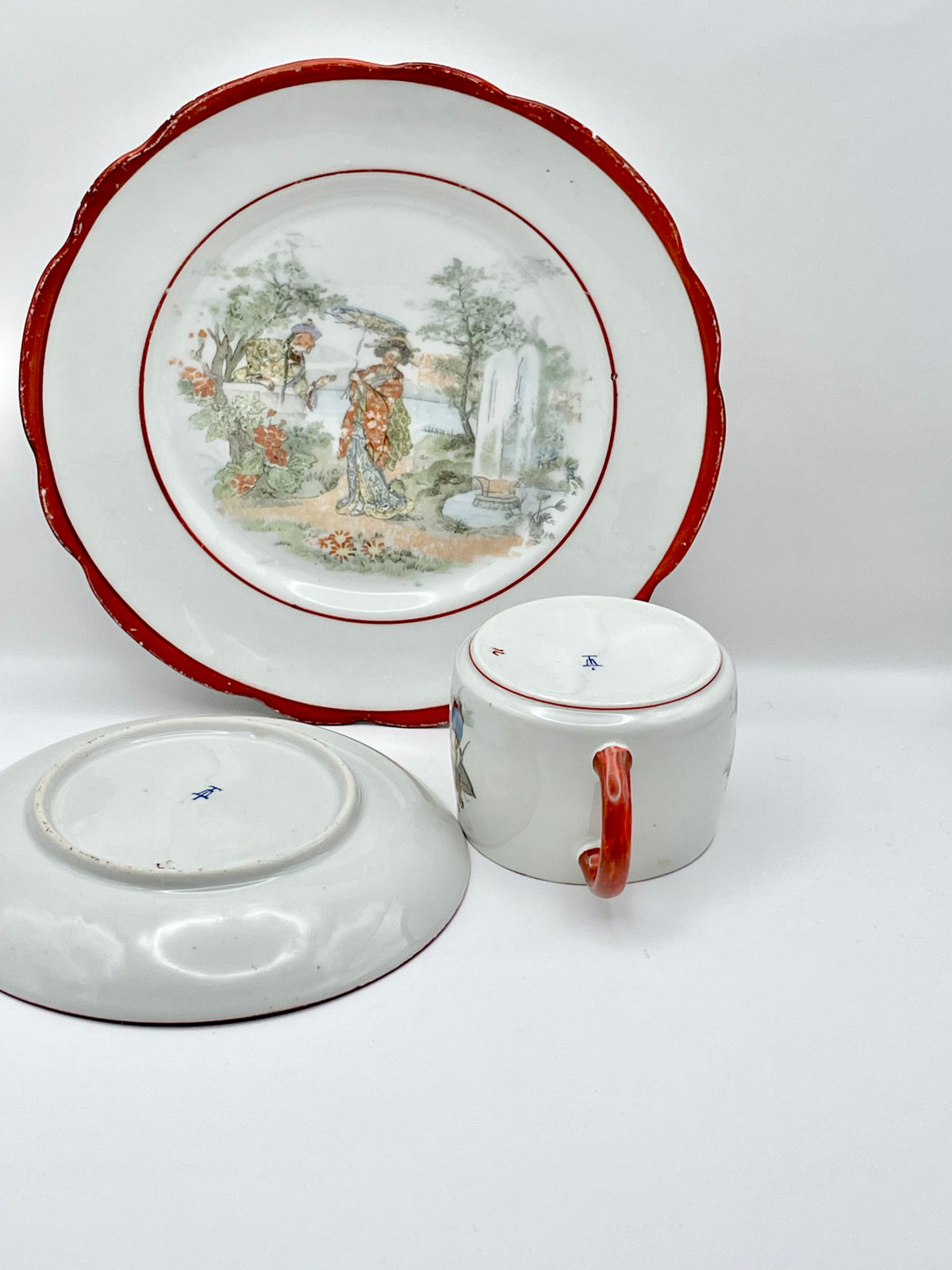 Antique Early Soviet Dulevo Chinoiserie Tea Set Trio, 1920s TD Hallmark Porcelain