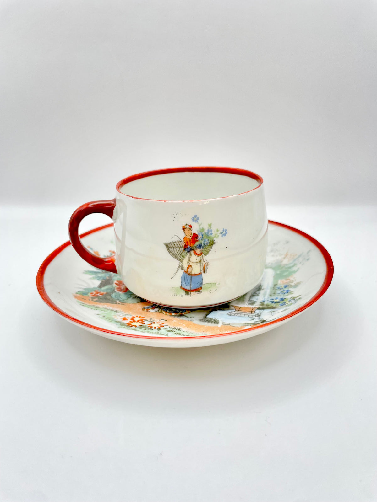 Antique Early Soviet Dulevo Chinoiserie Tea Set Trio, 1920s TD Hallmark Porcelain