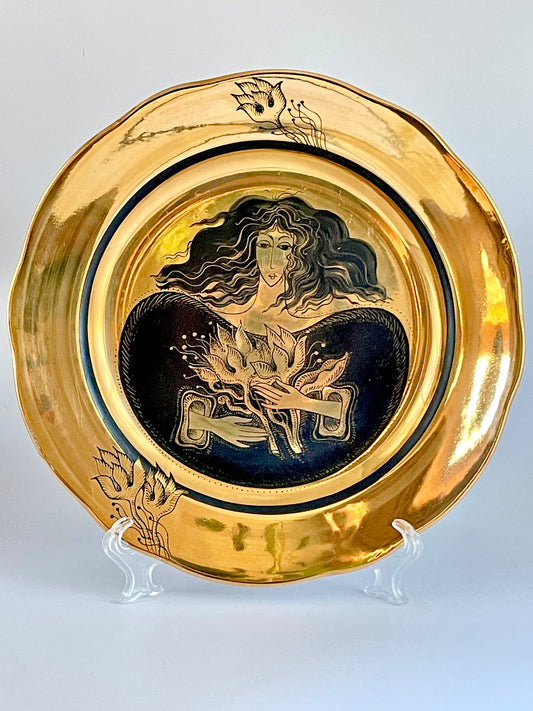 Richly gilded hand-painted by Anu Ivask plate from the 70ies