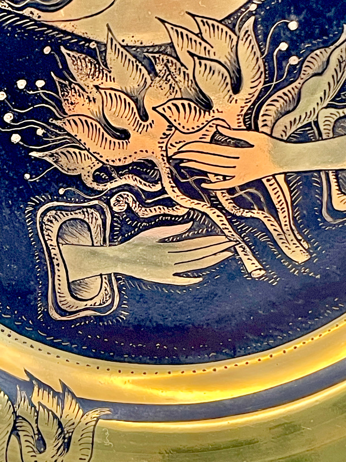 Museum-grade richly gilded one-off porcelain plate from 1970s, hand-painted by Anu Ivask