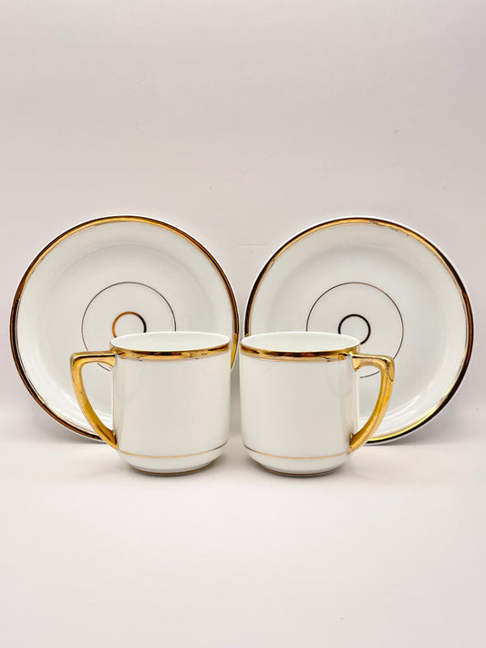 A Pair of White and Golg Antique Kuznetsov Coffee Duos from Imperial Russian Era c. 1900–1917